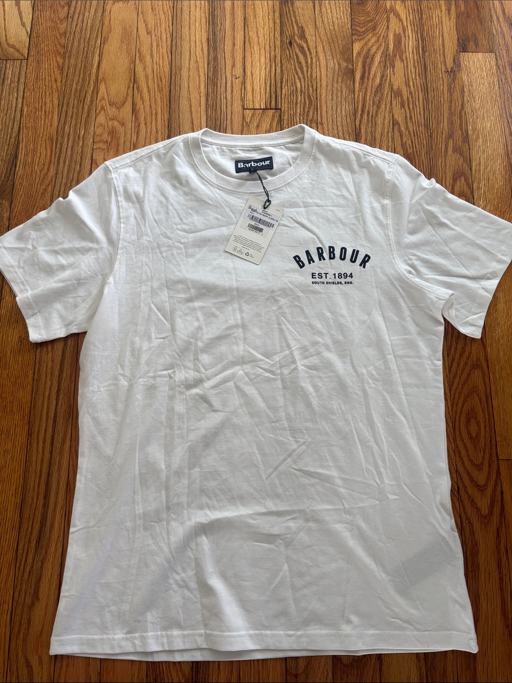 Barbour White Short-Sleeve Tee with Navy Chest Logo, New With Tag!